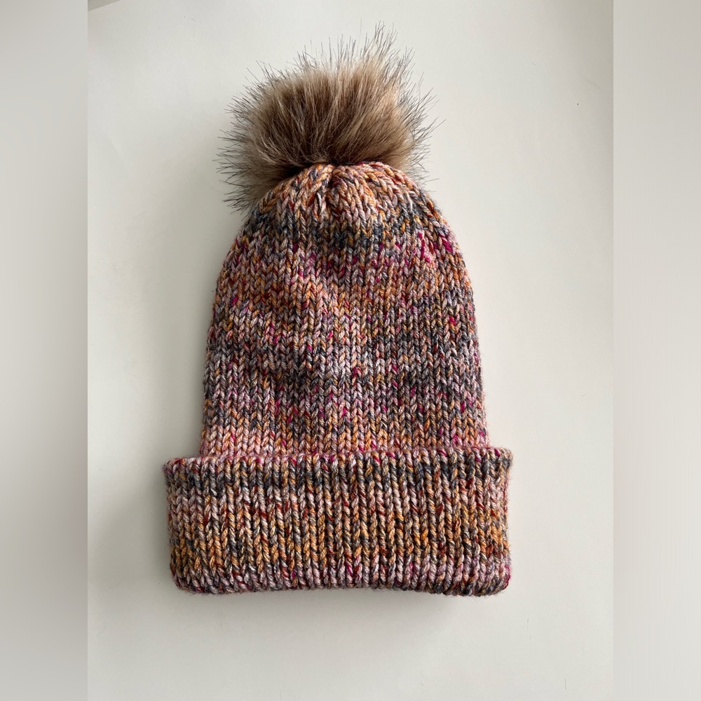Homemade Knit Adult OS Beanie Winter Hat with PomPom - NEW - Mustard Gray Pink